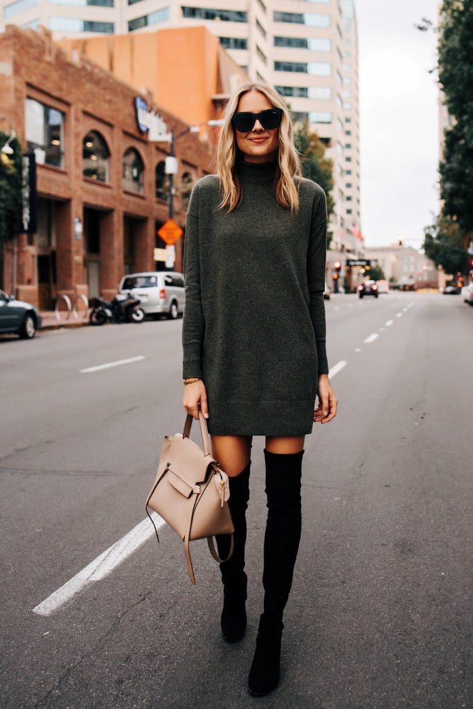 sweater dress with tights and booties